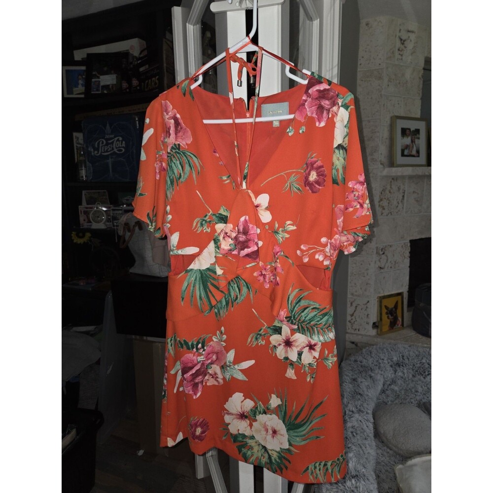 Skies Are Blue Hawaiian Orange Floral Dress- Side Cutouts- Size M EUC B20
